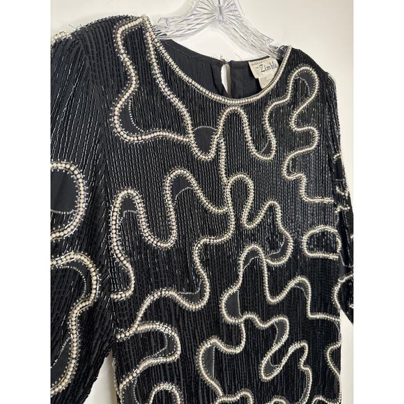 Vintage Michelle Yim for Zimble Silk Beaded Mini Dress Black Pearl 80s Glam M - Picture 9 of 16